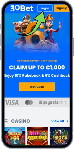 30Bet Casino homepage met Cashback Royale-aanbieding van 6% en claim tot €1.000